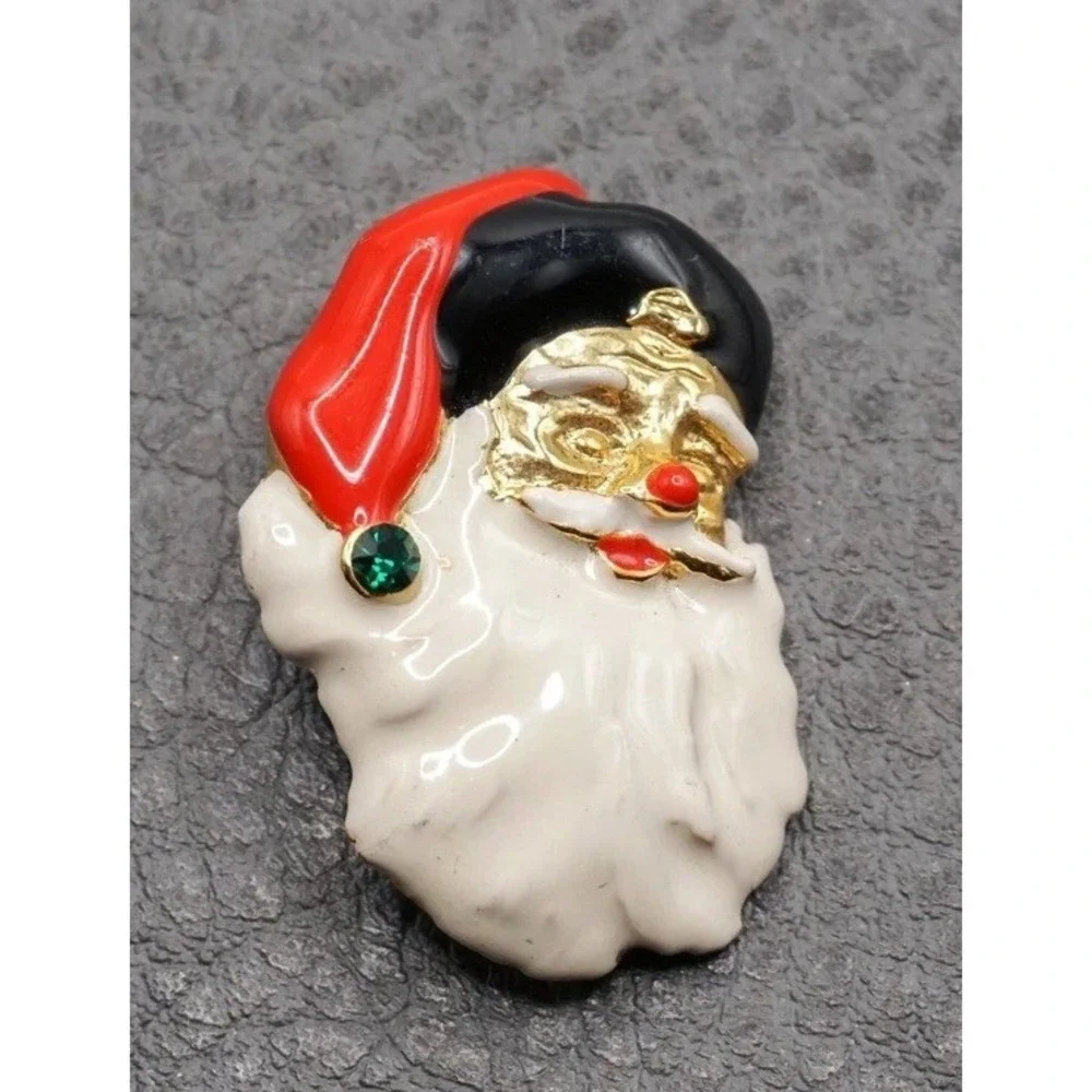 Vintage Santa Claus Brooch Enamel Red Green Gold Tone